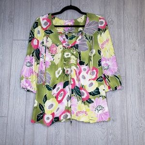 Anthropologie Leifsdottir Green Silk Floral Blouse